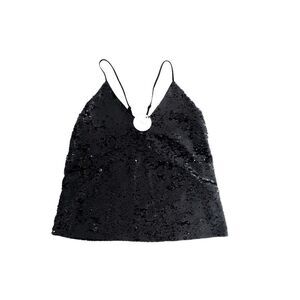 En Creme Strappy Black Sequined Tank Top Women's S Spaghetti Straps Lined NWT